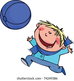 A boy plays with a big blue ball