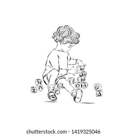 Boy plays with cubes on which the letters written. Child learning the alphabet. Educational game for preschool children. Drawing for coloring.
