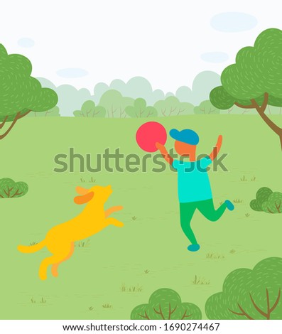Boy plays with dog in park, throwing frisbee vector. Outdoor activity, kid having fun outside on meadow among trees and bushes, pet and owner on grass