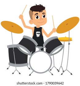 boy plays the drums isolated on white background. vector illustration