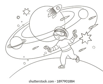 un niño juega un juego con gafas de realidad virtual sobre el fondo del espacio exterior. libro de colorear para niños, lino blanco y negro, boceto, doodle, ilustración vectorial sobre fondo blanco