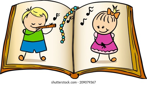 A boy plays a girl on a pipe. Vector illustration. 