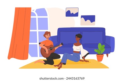 Boy plays guitar to girl. Teeenager with musical instrument sitting indoors. Entertainment and leisure. Guitarist perform for girlfriend. Cartoon flat vector illustration isolated on white background