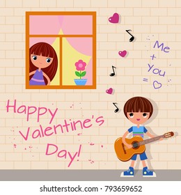Boy plays the guitar and sings a serenade under the window of girl. Vector illustration for valentine design.
