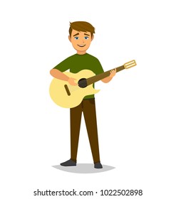The boy plays the guitar. Vector illustration in cartoon style. Vector illustration in Multan style.