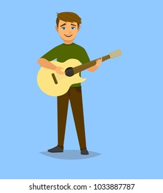 The boy plays the guitar. Vector illustration in cartoon style. Vector illustration in Multan style.