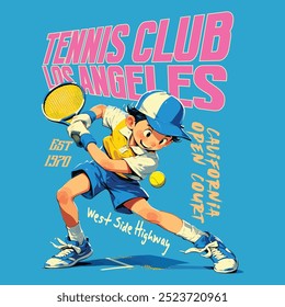 menino joga tênis de mão em estilo cartoon, tenista clube vetor t-shirt design. Design gráfico de impressão da liga de tênis de Nova York. Torneio de raquete. Os logotipos do time retrô de tênis imprimem.