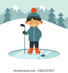 Boy plays hockey on the ice. A cute guy stands with a puck and a stick. Winter sports for children. Happy New Year 2024. Happy holidays. Flat vector illustration in cartoon style.