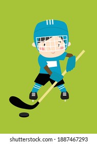 The boy plays hockey. A boy in a puck suit. A hockey player scores a puck with a stick. Cartoon character