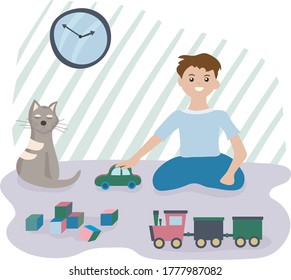 The boy plays at home with toys and cars, next to his favorite pet - striped cat. Time for rest and self-development . Concept of family values. Vector illustration