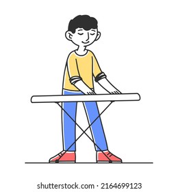 Boy plays keyboard musical instrument. Cute children at school music festival flat vector illustration. Cartoon young musicians