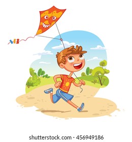 Boy plays with a kite in the park. Funny cartoon character. Vector illustration. Isolated on white background