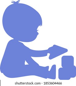 Boy plays and learn with toy blocks. Kids building blocks. Simple Blue Silhouette. Can be used as logo or sign. Vector illustration . Isolated