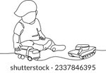 The boy plays with a military machine and a toy tank. World War Toy Destruction Day. One line drawing for different uses. Vector illustration.