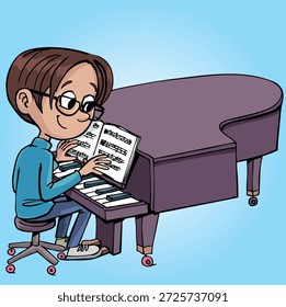 Junge spielt mit Noten auf einem Konzertklavier