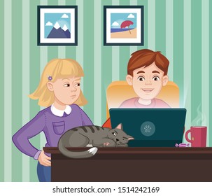 
the boy plays on the computer and his sister is not happy