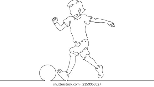 The boy plays. One continuous line.Children's sports ball game. The child plays ball. Kids games. Toddler games.One continuous line drawn isolated, white background.