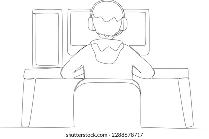A boy plays online games with a set of computer devices. Online gaming one-line drawing