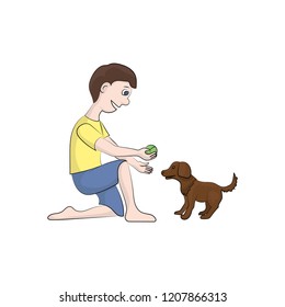 The boy plays with a puppy (dog). Vector color illustration