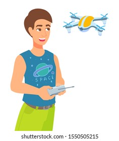 A boy plays with a remote-controlled drone. Vector cartoon illustration.