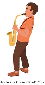 The boy plays the saxophone. The child holds a musical instrument in his hands. Vector cartoon illustration isolated on white background. Performance, concert, music training. Young man jazz player