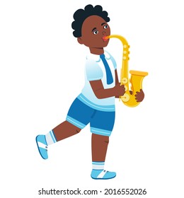 The boy plays the saxophone. Vector. Cartoon style. Music lesson. School of Music.