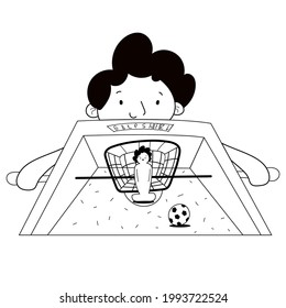 The boy plays table football. Table soccer. Poster for table football.  