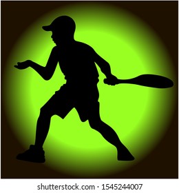 A boy plays tennis. Silhouette of a boy with a racket. Emblem. Logo.