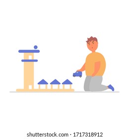 Boy plays with toy car and toy garage. Cartoon vector illustration