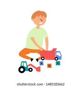 A boy plays in toy cars. Children's activities. Funny kids games. Vector editable illustration