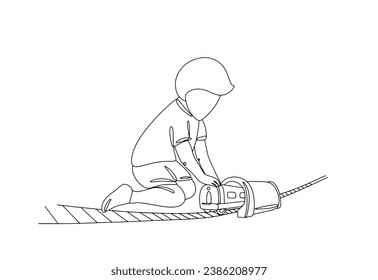 A boy plays with a toy railroad. Children's toy. International Model Railroad Day. One line drawing for different uses. Vector illustration.