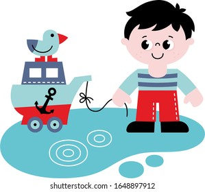 A boy plays toys. Sailor and his ship