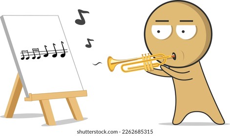 The boy plays the trumpet according to the notes
