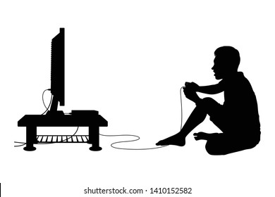 Boy Plays Video Game With Joystick Silhouette Vector