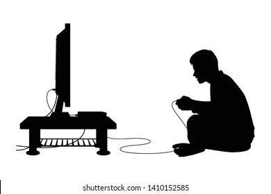 Boy plays video game with joystick silhouette vector