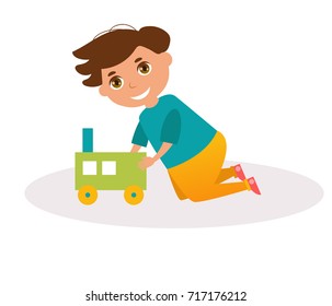 Boy plays with a wooden train. Vector. Cartoon. Isolated art on white background. Flat