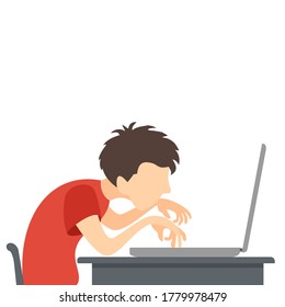 Un niño juega o trabaja en una computadora o laptop. Un jugador juega videojuegos. Los niños estudian o juegan un juego de ordenador.  Ilustración en un estilo plano de caricatura con un carácter lindo. Tecnología y concepto de juegos.