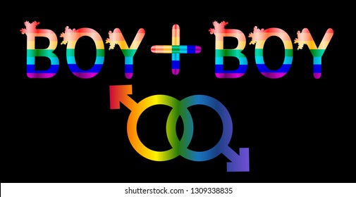 Boy plus boy - inscription in rainbow letters, lgtb concept