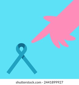 Boy point on Blue ribbon for prostate cancer awareness. Flat vector illustration.