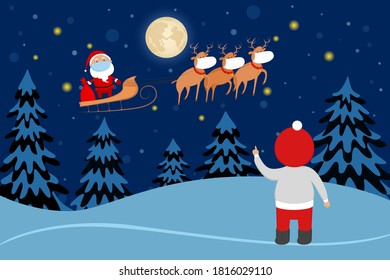 Boy point at Santa Claus in medical mask flying on reindeer sleigh. Vector illustration.