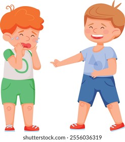 Boy pointing at another boy crying, illustrating bullying and mockery among children while emphasizing the need for empathy in childhood interactions