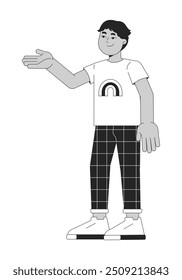 Boy pointing aside black and white 2D line cartoon character. Cute middle eastern little child gesturing isolated vector outline person. Childhood healthy activity monochromatic flat spot illustration