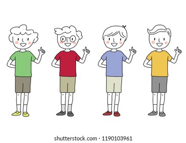 Boy pointing up to the blank space. Set of Cheerful boys in sportswear pointing up to the blank space to present something. Collection of cute little boys smiling and pointing forefinger up.