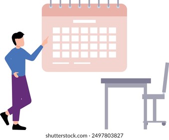 Un chico está señalando el calendario en la oficina.