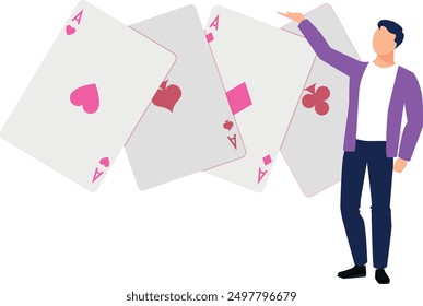 The boy is pointing at the different poker cards.