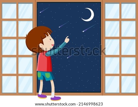 Boy pointing finger to the moon illustration
