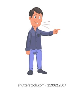 Boy pointing finger, student calling names. Flat vector illustration. Isolated on white background.