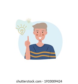 Boy pointing lightbulb. Having good idea. Excellent opinion. Creative, thinking concept. Vector illustration