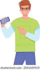 Boy pointing on smartphone screen. Showing mobile app isolated on white background