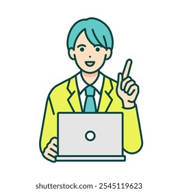 Boy pointing. Vector material of a high school boy learning to use a laptop computer at school.